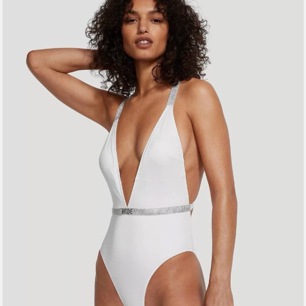 VICTORIA'S SECRET SWIM Rhinestone Shine Plunge One-Piece Swimsuit Bride Medium